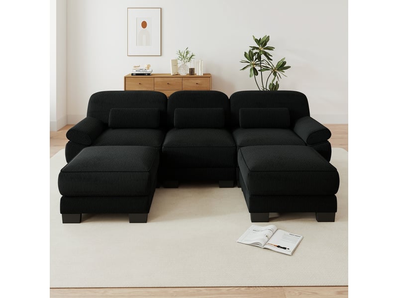  Canapé modulable en u - 3 places - 2 ottomans - velours côtelé - mobilier de salon - grand confort - assise confortable - noir CozyNest - Conforama C