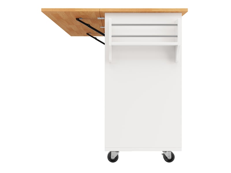 Îlot de cuisine 122x46(74,5)x91,5 cm, 8 tiroirs, 1 porte, plateau pliable, pour cuisine, en mdf et métal, bois et blanc - Conforama E