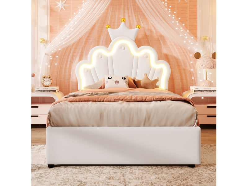  Modenvie lit coffre 1 place 90x200 cm - bande led, tête de lit réglable - sans matelas - blanc  - Conforama E