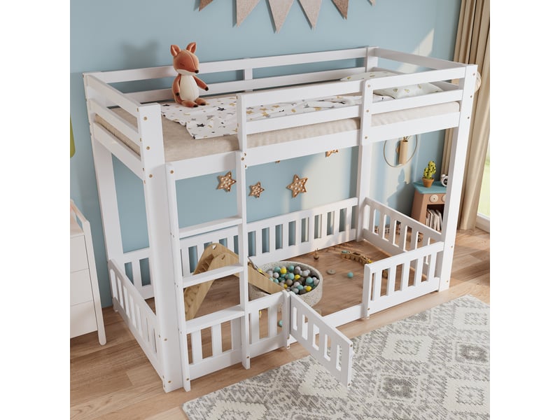  Lit superposé 90x200 cm avec échelle à angle droit, lit enfant avec barrières de sécurité et porte, lit simple en pin, blanc  - Conforama E