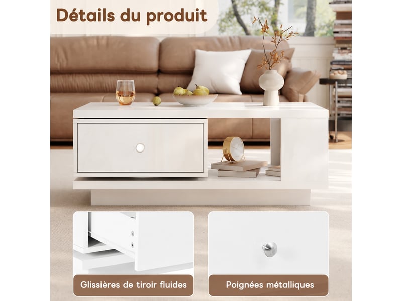  Table basse blanche brillante avec tiroir pivotant, 90 x 48 x 35 cm  - Conforama E