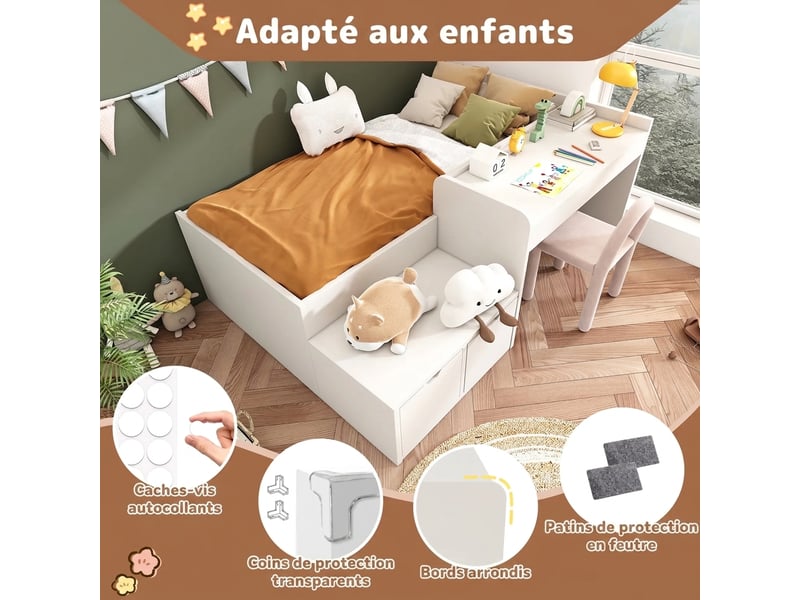  Lit enfant avec bureau et tiroirs 90x200 cm - bois massif blanc - sommier inclus  - Conforama R