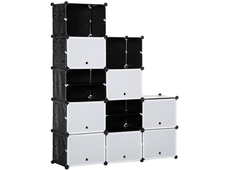 Système d'étagères modulaires, étagère à emboîter, composée de 12 cubes de 125 x 32 x 125 cm, plastique et acier noir. - Conforama B