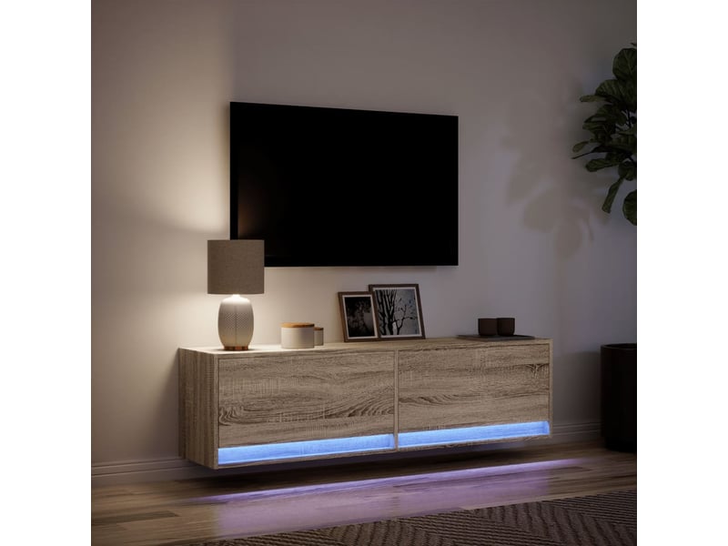Meuble tv - banc tv - meuble de rangement mural avec lumières led chêne sonoma 140x31x38 cm - Conforama E