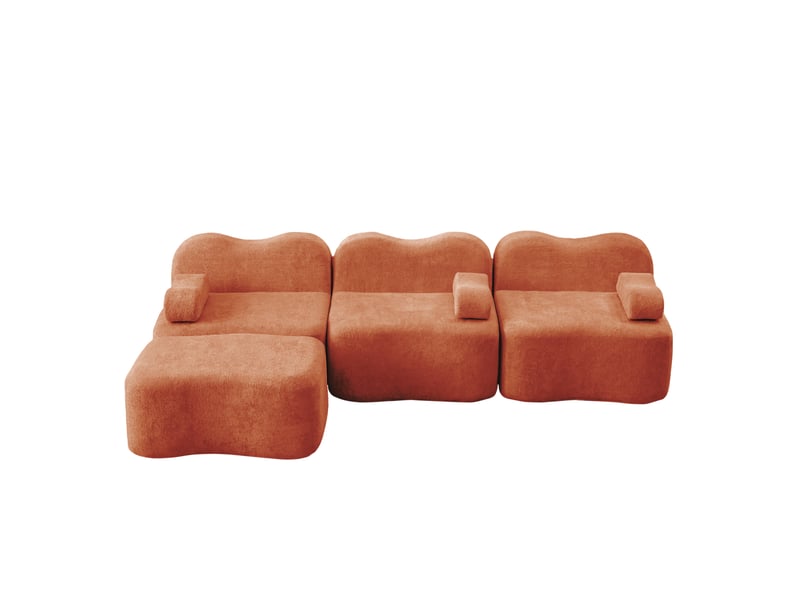  Canapé d'angle modulable 3 places en velours orange avec pouf  - Conforama A