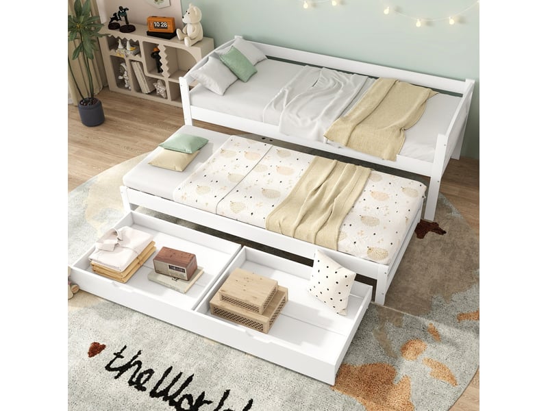 Lit gigogne 200x90 cm avec 2 tiroirs en pin et mdf blanc - Conforama D