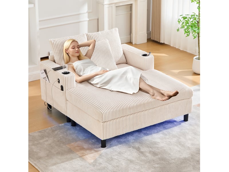  Fauteuil relax chaise longue fixe 1 place en velours côtelé beige avec usb, led et porte-gobelets pour salon  - Conforama E