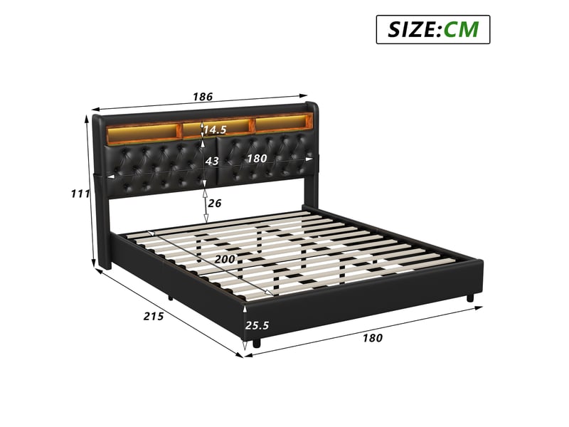  Lit double coffre - 180 x 200 cm - noir - similicuir pu, tête de lit de rangement, éclairage led, prises et vérins hydrauliques  - Conforama B