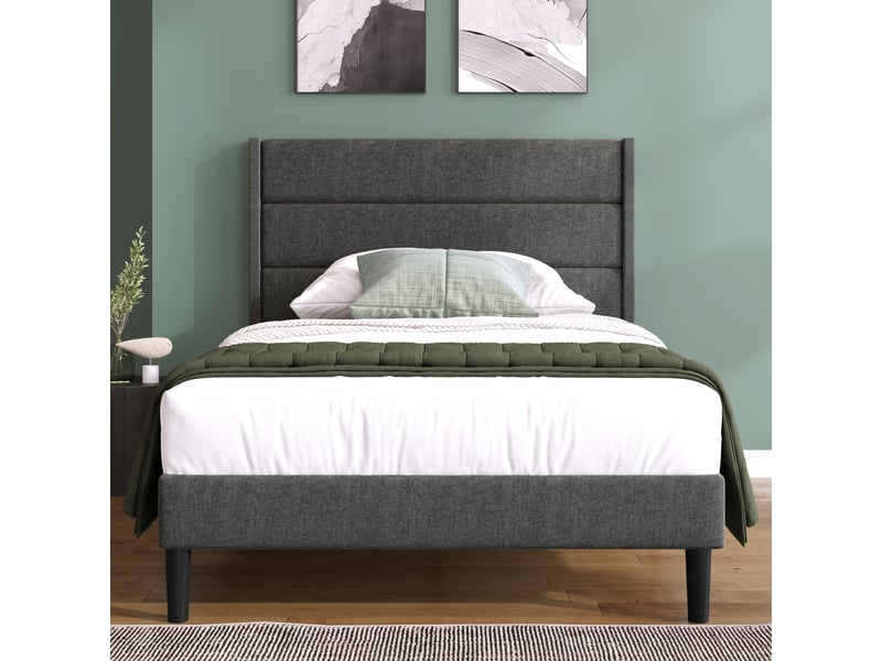  Lit 90 × 200 cm en lin gris foncé avec sommier à lattes IKSETERA TRADING LTD - Conforama E