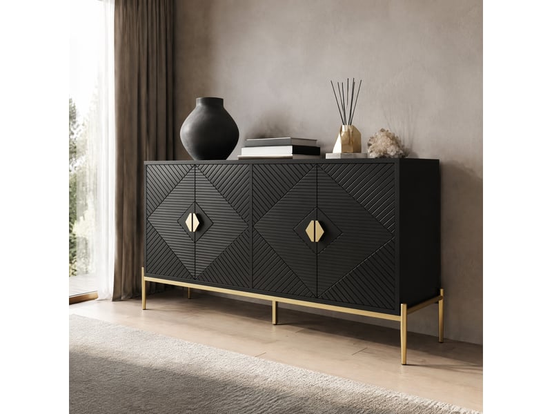 Buffet 4 portes avec rangement - lpospi - façades géométriques, pieds métal, mdf noir 162 × 40 × 80 cm  - Conforama B