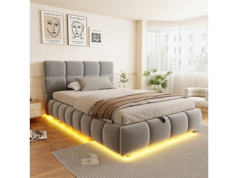  Lit coffre capitonné 90x200 velours gris avec led, rangement hydraulique et tête de lit rembourrée sans matelas  - Conforama B