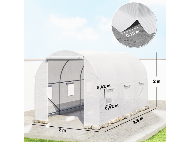  Serre tunnel 3,5 x 2 x 2 m avec 6 fenêtres en filet et porte enroulable avec fermeture éclair anti-uv, blanche  - Conforama E