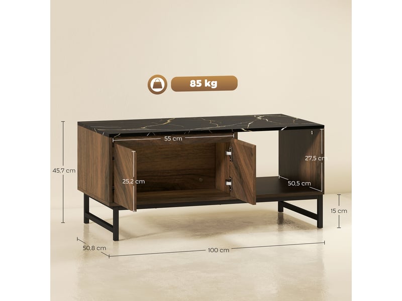  Table basse, table de salon, plateau effet marbre, 2 portes et 2 niches ouvertes, noyer, 100 x 50,8 x 45,7 cm  - Conforama C
