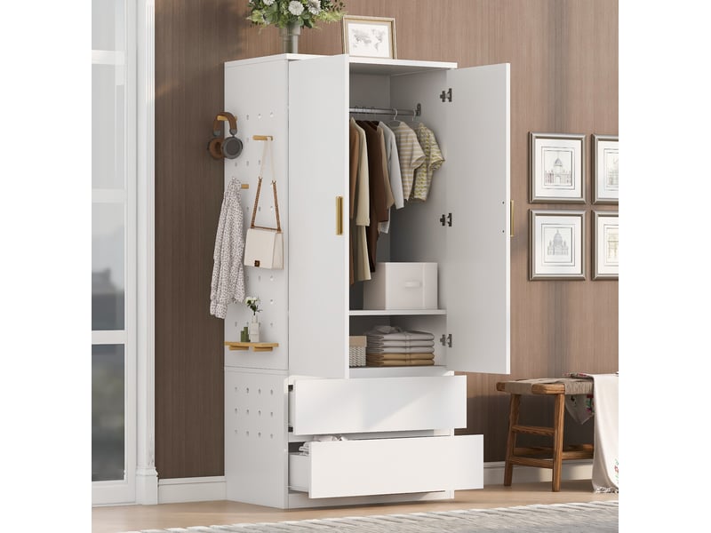  Armoire multifonctionnelle 70x50x170 cm avec 2 portes et 2 tiroirs en mdf couleur blanc, design naturel  - Conforama B