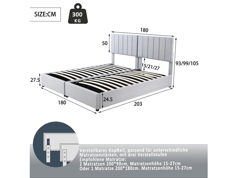  Lit rembourré tcqpz 180 x 200 cm avec rangement hydraulique en lin gris  - Conforama C