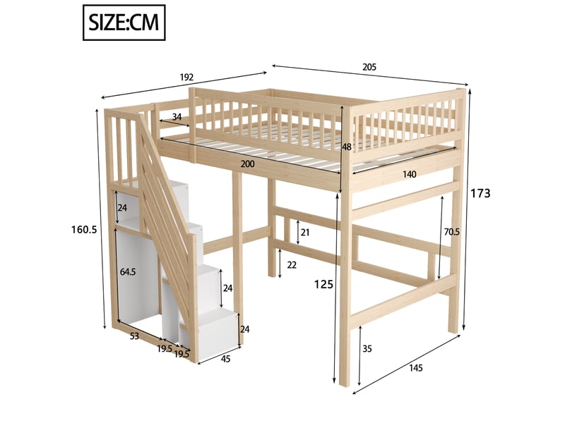  Lit mezzanine 140x200 cm avec escalier de rangement bois naturel sans matelas  - Conforama C