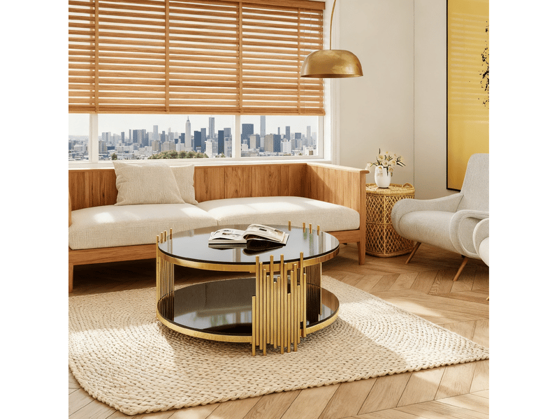  Table basse ronde 80x80x45 cm en verre trempé noir et acier inoxydable doré  - Conforama D