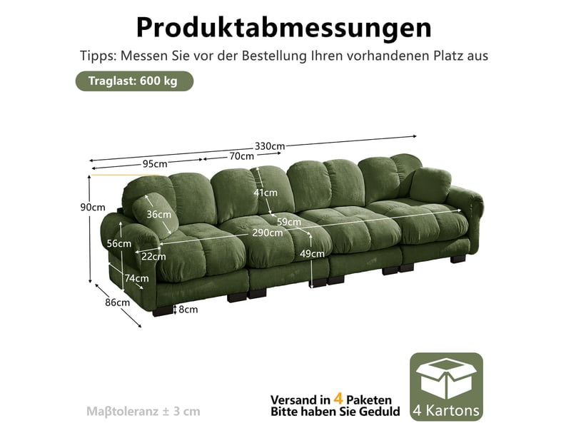 Canapé droit modulable 4 places en tissu vert, accoudoirs élégants et coussins épais pour un confort soutenant - Conforama C