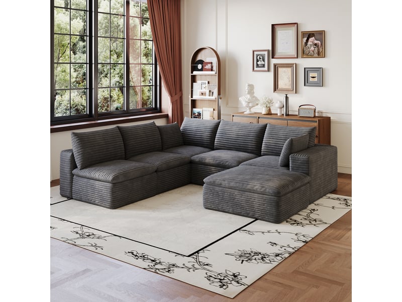 Grand canapé nuage en velours côtelé 6 places gris foncé, design double couche avec housse amovible, 260x250cm, confort optimal pour le salon. - Conforama R