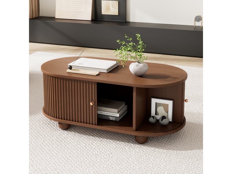  Table basse ovale en noyer avec portes coulissantes à 360 degrés 100x50x40 cm - rangement intégré  - Conforama B