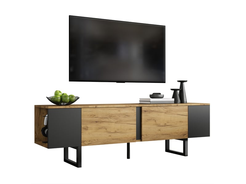  Meuble tv rangement 180x40x55 cm bois naturel deux portes etagere stable pour salon homvra  - Conforama A