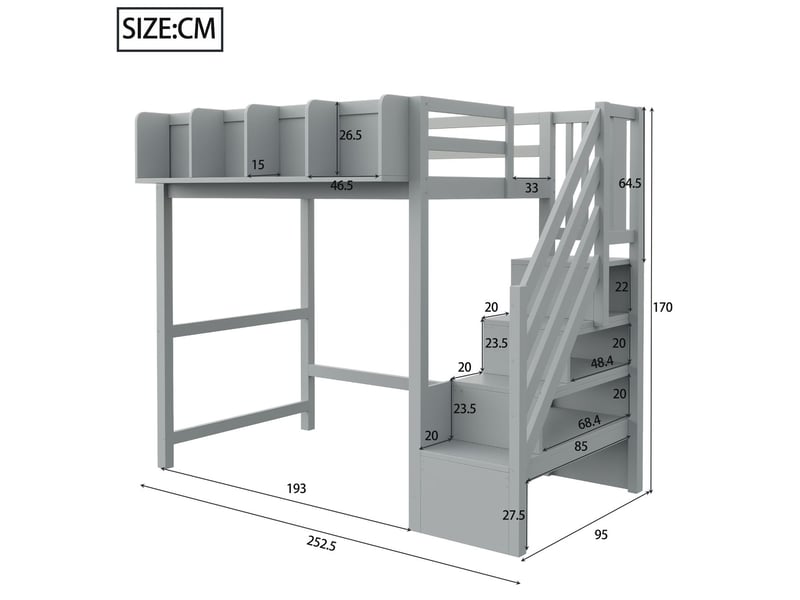  Lit mezzanine 90 x 200 cm garde-corps de sécurité tablette de rangement éclairage led échelle d'accès rangement ouvert sous le lit coloris gris  - Conforama C