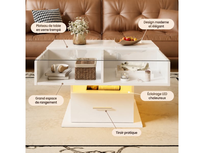  Table basse relevable blanche brillante avec éclairage led et hauteur réglable, 78 x 78 cm  - Conforama D