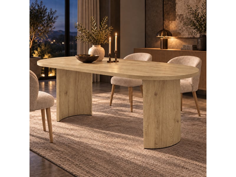 Table à manger 200x90x75 cm pour 6-8 personnes, plateau ovale effet bois, pieds courbés, design moderne salle à manger - mdf-chêne  - Conforama E