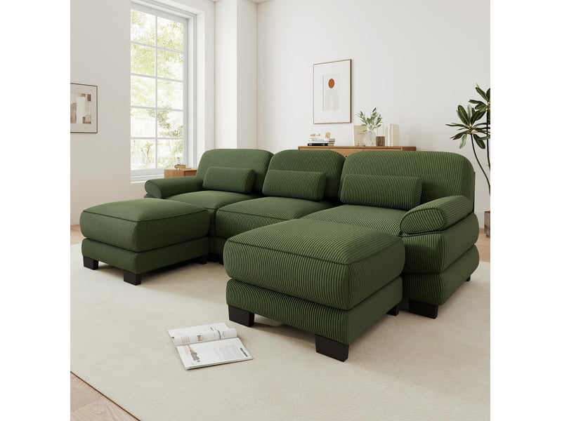  Canapé modulable 3 places 265x161x94 cm avec 2 poufs, assise profonde, coussins d’assise épais, velours côtelé, vert  - Conforama B