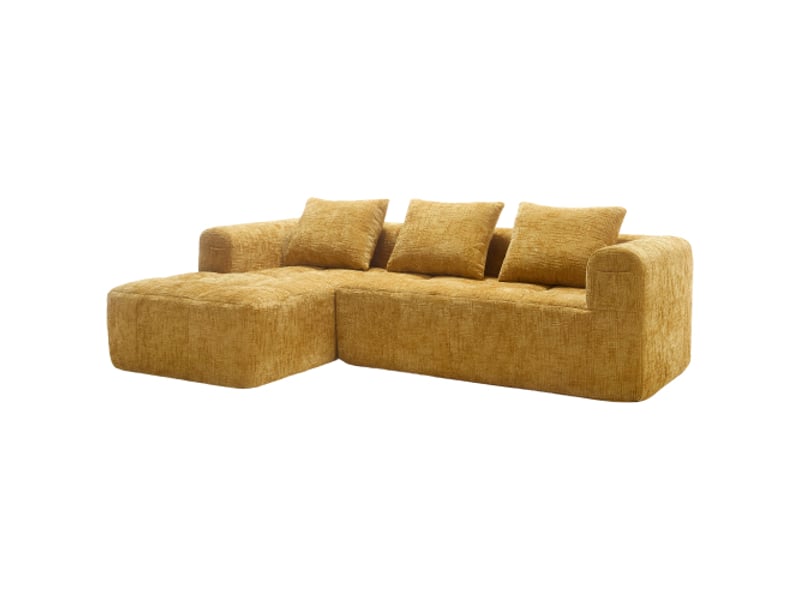  Canapé d'angle moderne 3 places en chenille jaune–méridienne, accoudoirs, 3 coussins, poche télécommande–sans montage  - Conforama A