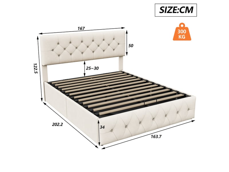  Lit coffre 2 places 160x200 cm, lit adulte avec rangement, tête de lit réglable, velours beige  - Conforama C