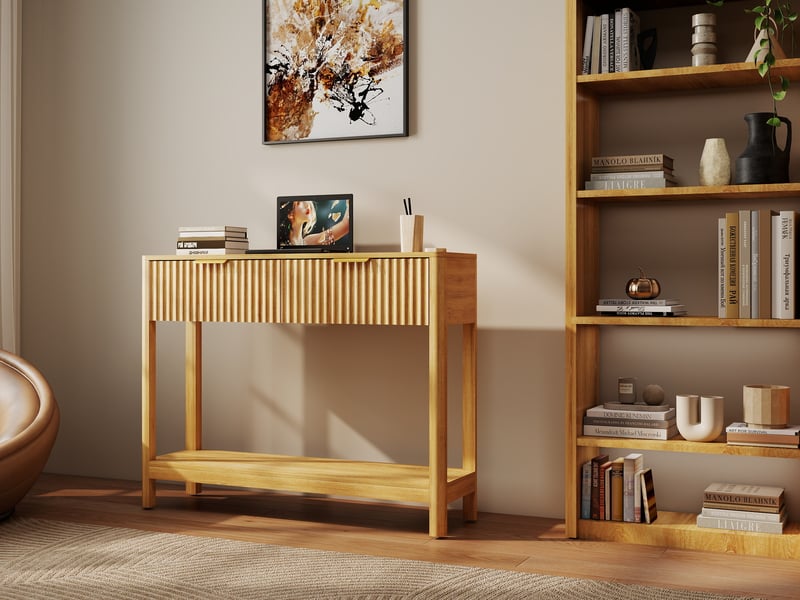  Table d'appoint - console cannelée de style mid-century modern avec 2 tiroirs et une étagère ouverte, chêne, placage chêne  - Conforama E