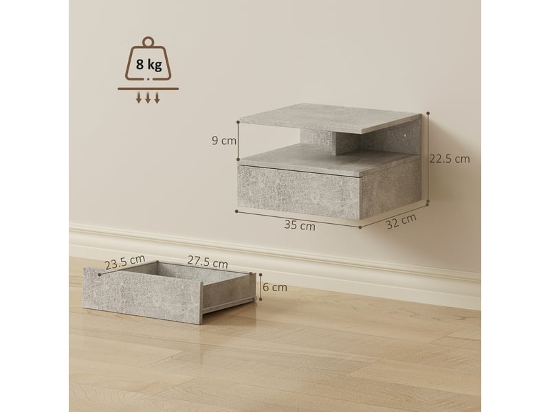  Ensemble de 2 tables de chevet suspendues avec tiroir et étagère ouverte, 35 x 32 x 22,5 cm, gris ciment  - Conforama E