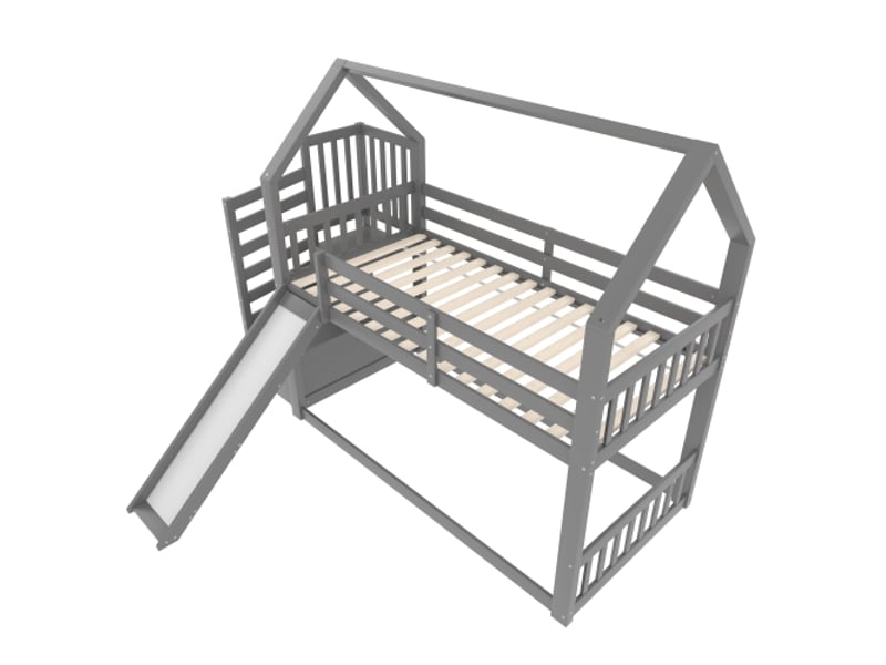  Lit superposé 90x200 cm, lit enfant cabane avec escalier de rangement et toboggan, barrière de sécurité, gris, sans matelas  - Conforama D
