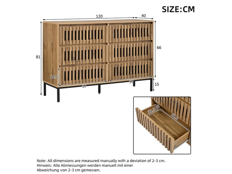  Buffet et enfilade avec 6 tiroirs, piètement à 5 pieds, rangement pour salle à manger mdf naturel 120 × 40 × 81 cm  - Conforama C