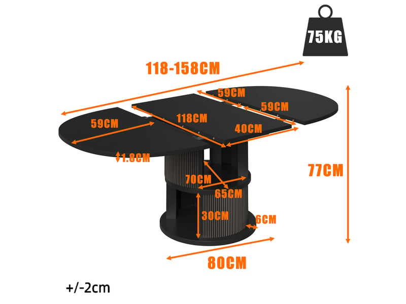  Table à manger ovale extensible 118x118 à 158x118 cm, 4 à 6 places, noire  - Conforama E