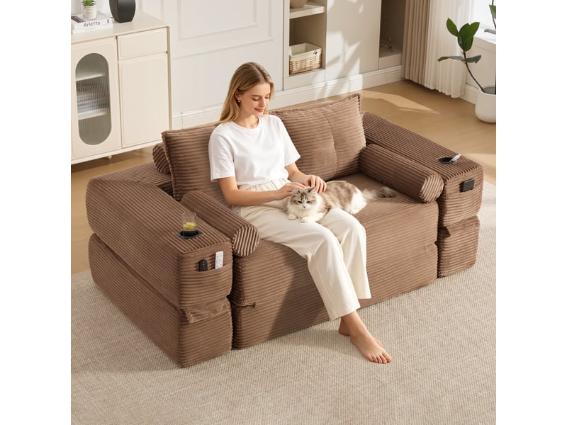  Canapé convertible, canapé-lit, porte-gobelets, en velours tricoté, mobilier pour espace de vie, pour salon et séjour  - Conforama C
