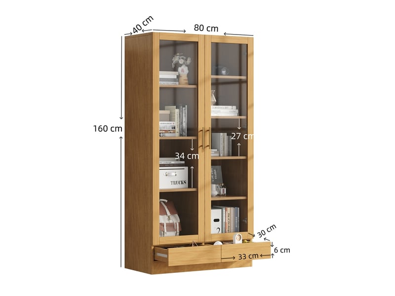  Vitrine 80 x 40 x 160 cm – étagères ajustables, tiroirs à ouverture par poussée, design sans poignées, bois naturel  - Conforama C