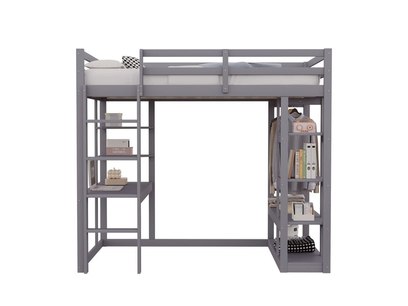  Lit mezzanine 140x200cm avec bureau et étagères, lit double -  échelle - pendeuse simple - ponction de rangement - gris  - Conforama A
