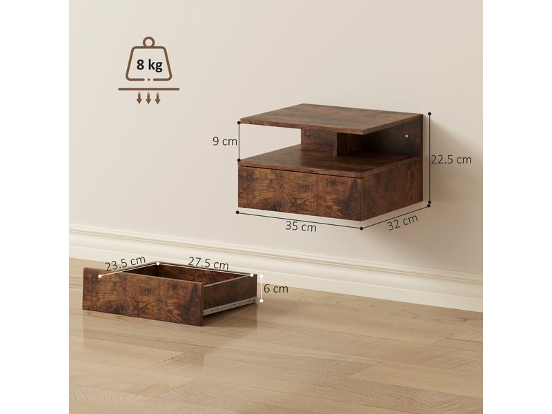  Ensemble de 2 tables de chevet suspendues avec tiroir et étagère ouverte, 35 x 32 x 22,5 cm, marron rustique  - Conforama E