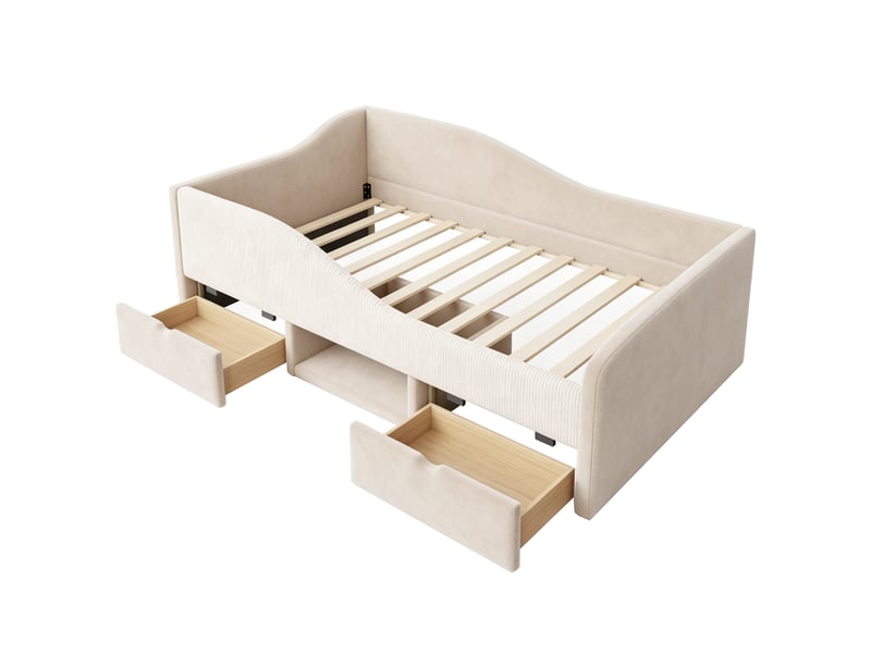 Lit 1 personne 90x190 cm - 2 tiroirs - lit avec rangement - lit rembourré en velours - barrières de sécurité beige - Conforama A