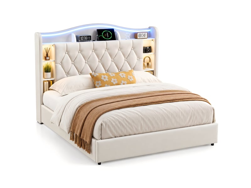  Kefsr lit coffre 140x190 cm en velours beige - lit adulte 2 places avec sommier relevable, éclairage led rgb, tête de lit avec rangement et prise usb charge sans fil  - Conforama A