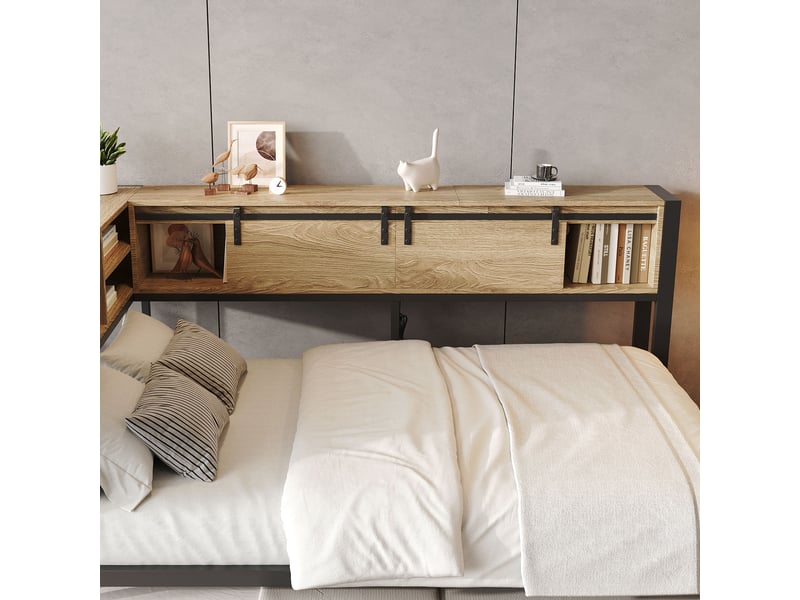 Lit double 120 x 200 cm en métal et bois, lit d'appoint 90 x 190 cm, tiroirs et chargeur intégré - Conforama E