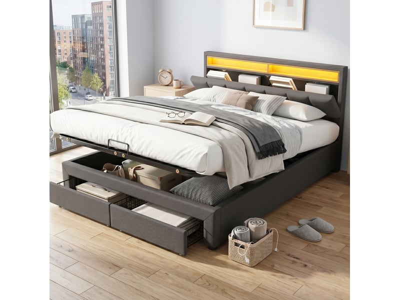  Lit double avec rangement hydraulique et led en lin gris foncé 180 x 200 cm  - Conforama B