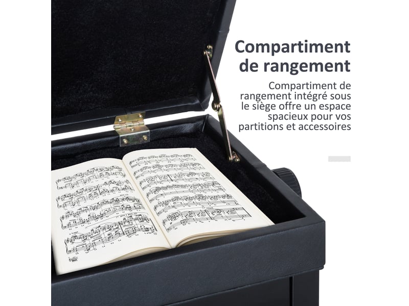  Banc de piano, banc de clavier réglable en hauteur en bois massif, tabouret piano avec compartiment caché, siège rembourré polyuréthane à 10 boutons, stable et antidérapant, noir, charge 200kg  - Conforama E