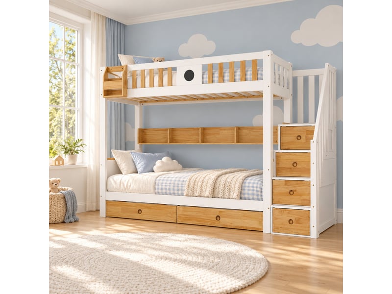  Lit superposé avec escalier de rangement - 90x200cm - 4 casiers dans l’escalier et 2 tiroirs sous le lit - avec sommiers à lattes - blanc et naturel  - Conforama D