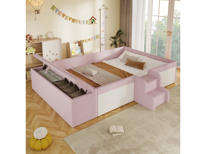 Lit rembourré enfants 140 x 190 cm, petit escalier, banc de lit avec rangement, velours, rose Bliss Lite - Conforama D