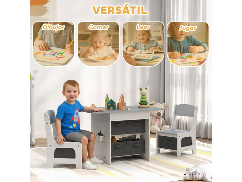  Table enfant avec 2 chaises et 6 tiroirs en tissu, motif étoiles, pour garçons et filles de 3 à 8 ans, gris clair  - Conforama E