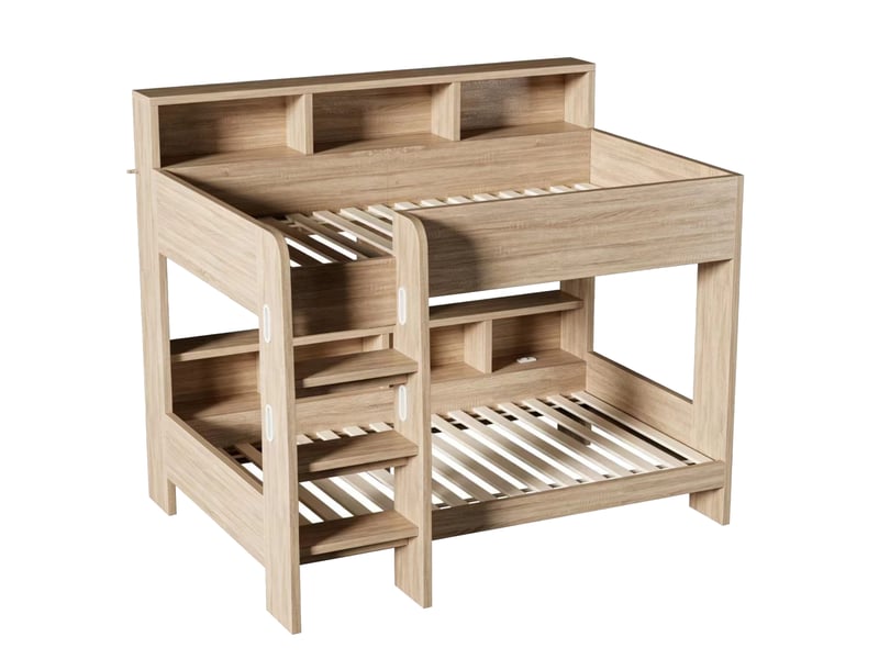  Lit superposé 90 × 200 cm, niches de rangement sur les 2 niveaux, led, prise et large échelle, finition bois naturel  - Conforama A