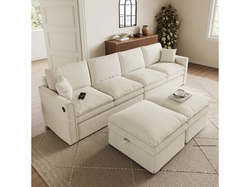Canapé d'angle modulable en u ou l, 6 places beige en tissu coton et lin, avec 2 poufs de rangement & ports usb, pour salon - 277x135cm - Conforama C